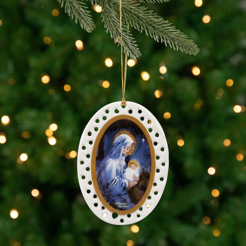 Mary with Jesus Feliz Navidad Porcelain Christmas Ornaments - 3.75" - 8ct
