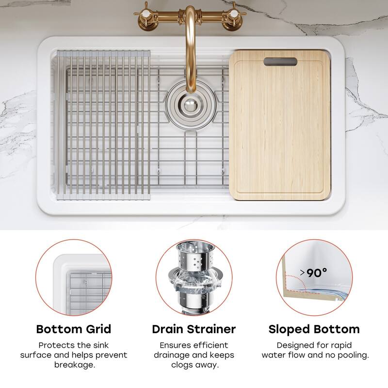 HOROW 33 in. White Ceramic Drop-In Kitchen Sink with Standard & Bottom Grid, Drain, Cutting Board