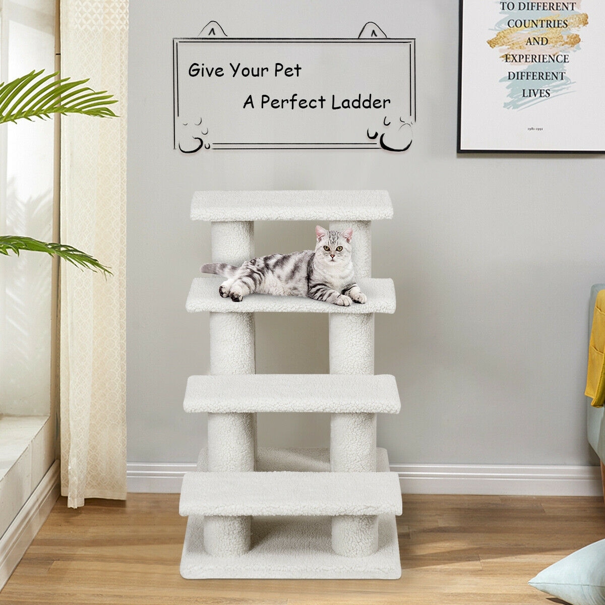 25" 4 Steps Pet Stairs Ladder Ramp Scratching Post Cat Tree Climber for Cat Dog