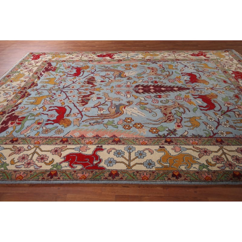 Hunting Animals Blue Ziegler Indian Area Rug Hand-Knotted Wool Carpet - 8'10"x 12'2"
