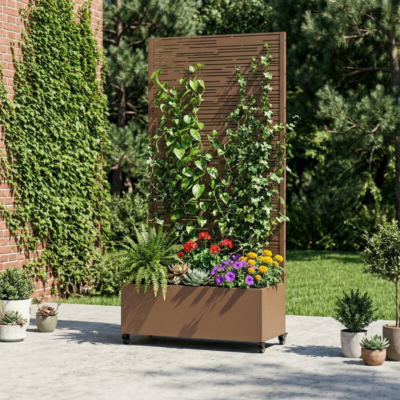 Raised Garden Bed Planter with Trellis Movable Planter Box with Lockable Wheels - 72*35 - Brown