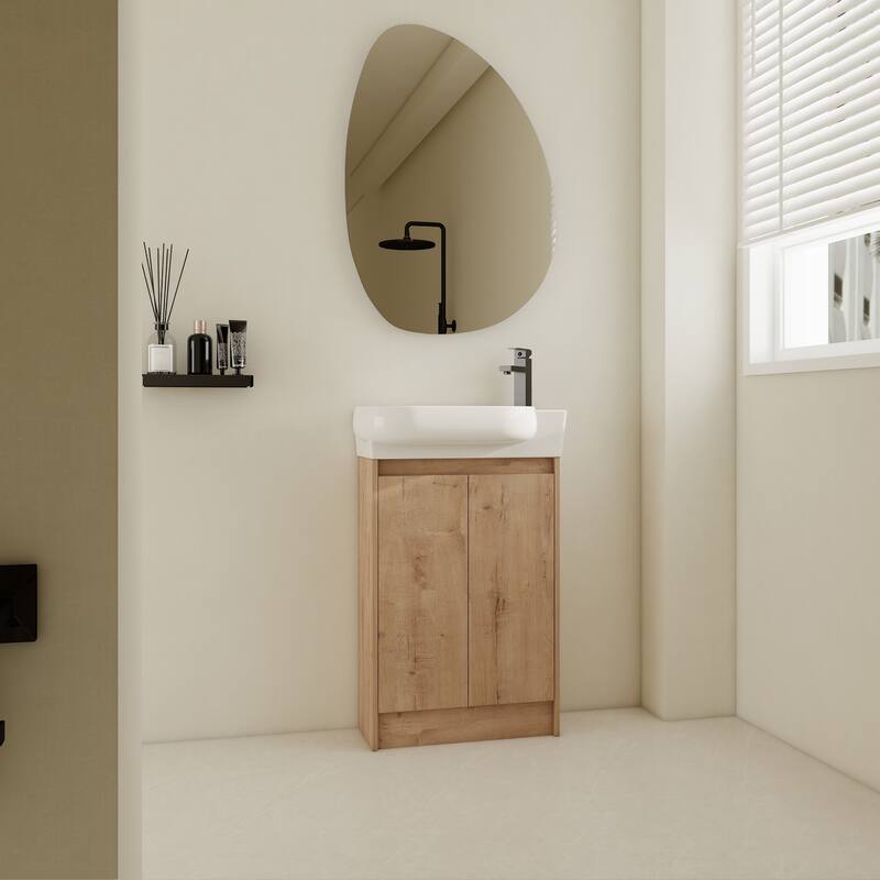 23" Bathroom Vanity with Round Ceramic Sink, Soft-Close Hinges, and Spacious Storage - Black Chestnut Finish - 22.8in L Plywood - 22.8in L Imitative Oak