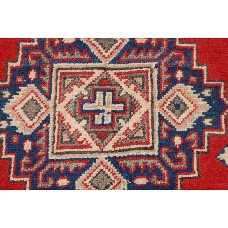 Red Kazak Accent Rug Handmade Geometric Wool Carpet - 3'2" x 4'11"