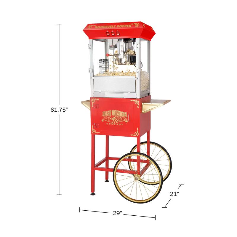 Popcorn Machine with Cart – 8oz Popper with Stainless-steel Kettle by Great Northern Popcorn (Red)