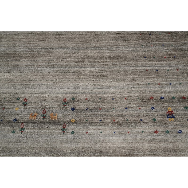 Hand Knotted Oriental Viscose Silk Carpet Tribal Animal Pictorial Greys & Charcoal Gabbeh Area Rug - 8' 10'' X 8' 9''