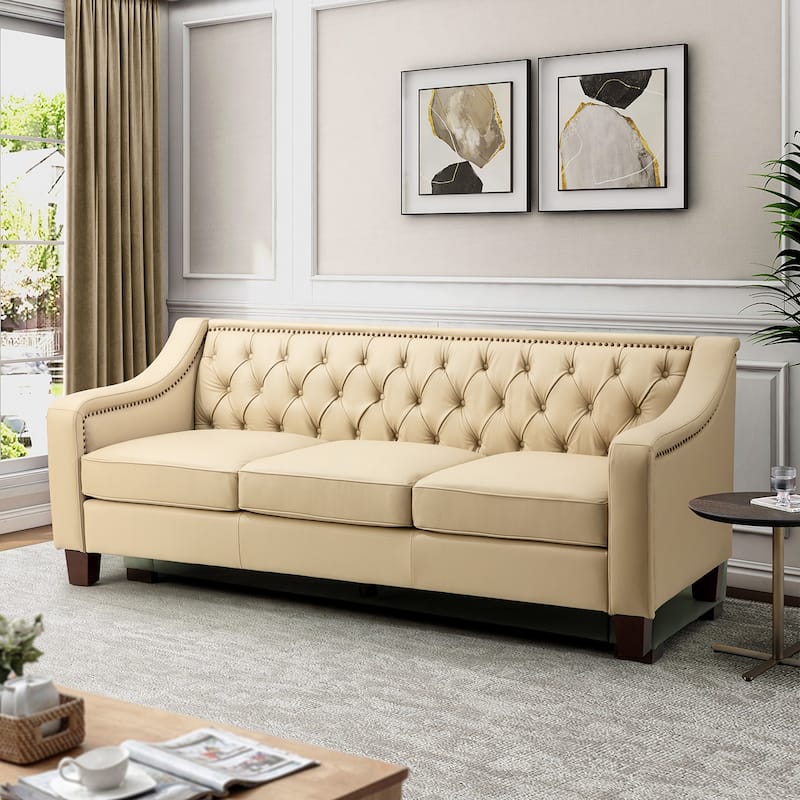Mateo 82.28" Wide Transitional Genuine Leather Sofa with Nailhead Trim and Button-Tufted Back