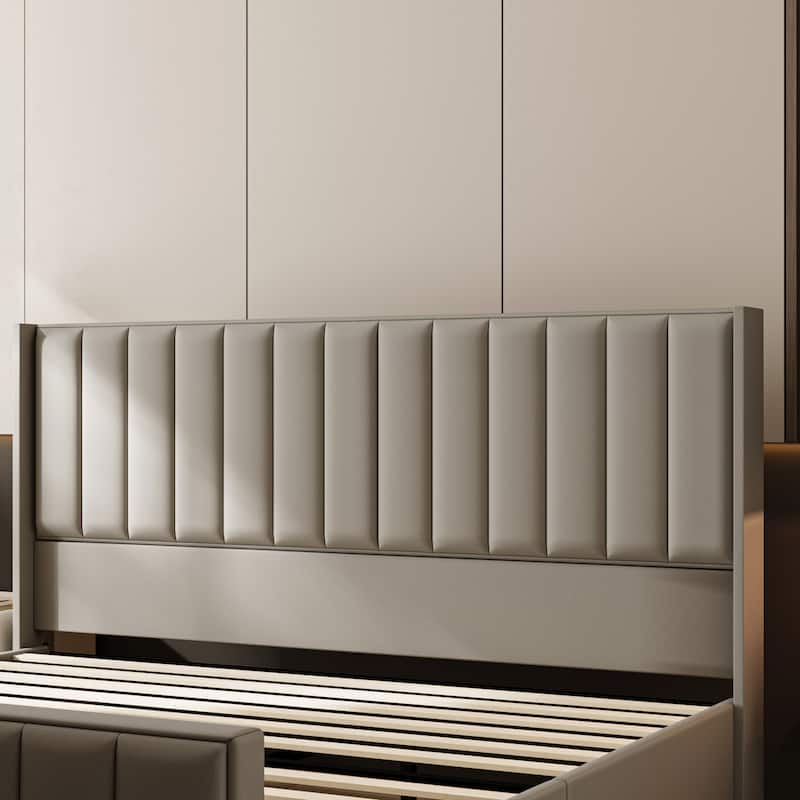 King Size Light Gray Velvet Platform Bed with 46.9" Tall Wingback Headboard & High Footboard Upholstered Bed Frame