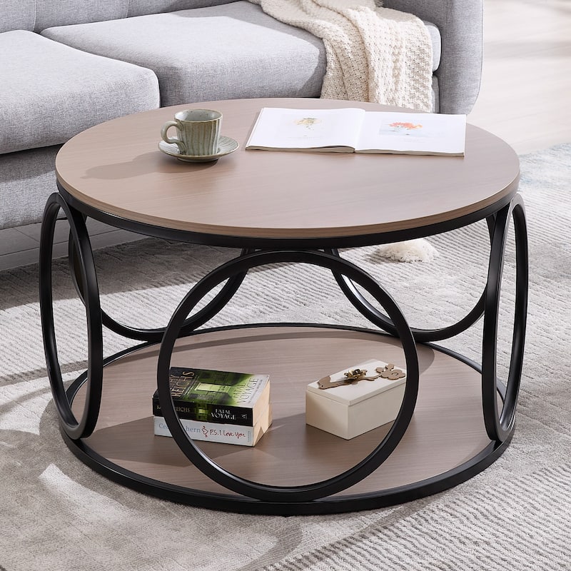 2-Tier Round Industrial Coffee Table with Metal Frame - 31.5"Dia x 18.7"H - Grey Brown