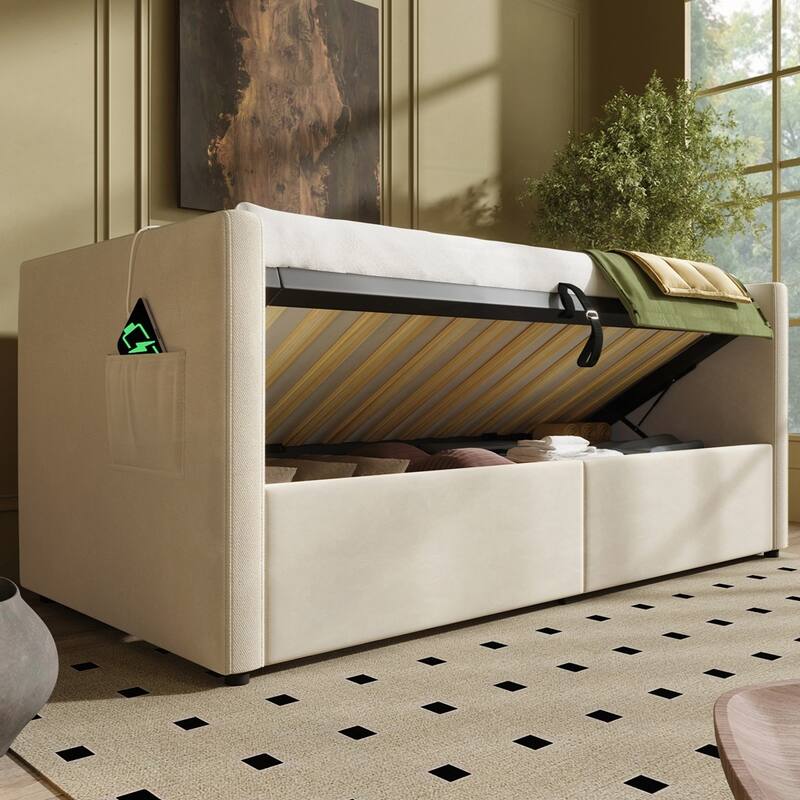 Hydraulic Storage Twin Bed Frame with Wooden Slats and Tufted Sofa Back - Beige - Twin