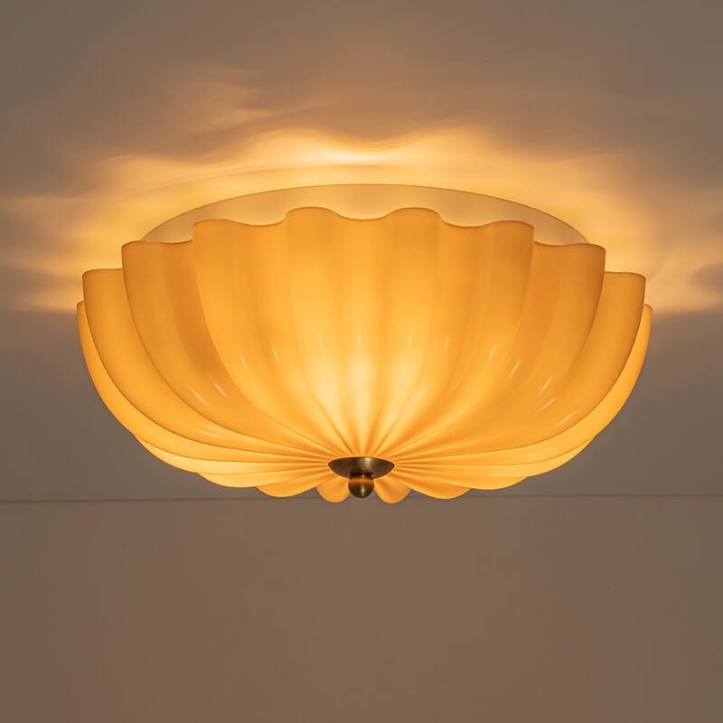 Caramel Brown Art Glass Flower Scalloped Round Ceiling Light - 11.8 Inches