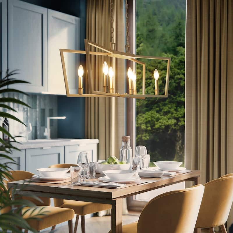 Rella Mid-century Modern 6-light Candle Chandelier Geometric Linear Island Lights - Gold - L28.5"xW 9"x H 73.5"