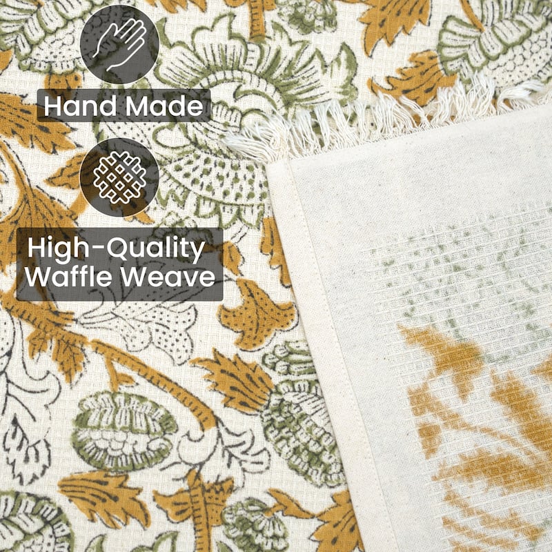 Fabdivine Handmade Block Print Floral Waffle Weave Kitchen 100% Cotton 17x32 Inch Hand Towel