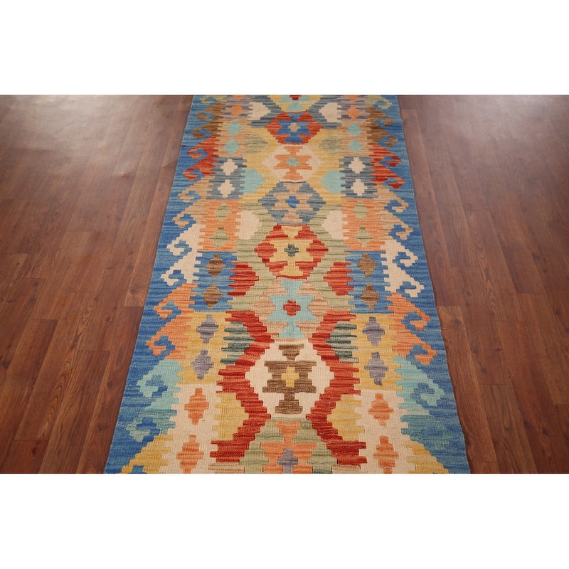 Geometric Kilim Reversible Runner Rug Flatweave Wool Carpet - 2'8"x 9'6"