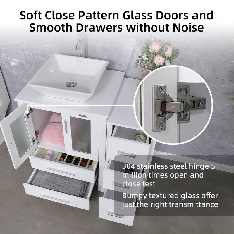 36" White Bathroom Vanity Sink Set with Side Cabinet Vessel Sink Faucet Combo
