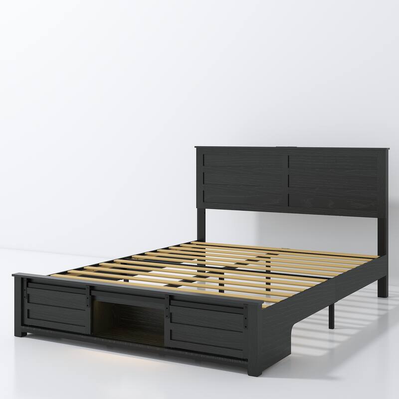 Queen Bed Frame with Upholstered Headboard and Wood Platform, Storage Headboard with Charging Station and LED