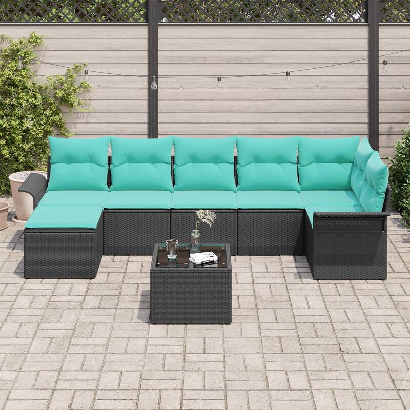 vidaXL 8 Garden Sofa Set with Cushions Black Poly Rattan - 117.1 x 52.2 x 27.2