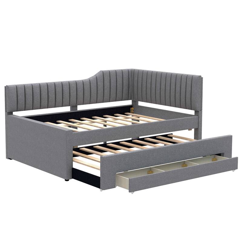 Upholstered Linen Bed Frame, Full Size Daybed with Pull-out Trundle and Storage Three Drawers for Bedroom/Apartment