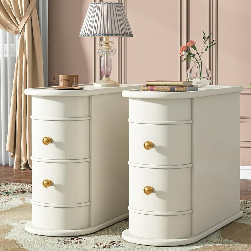 Wood End Table, 2-Drawer Slim Chair Side Table, No Assembly Required (Set of 2） - Off White
