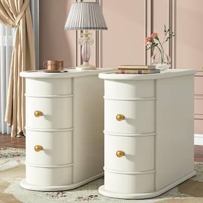 Wood End Table, 2-Drawer Slim Chair Side Table, No Assembly Required (Set of 2）