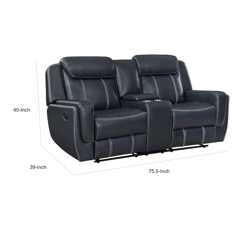 Louise 76 Inch Dual Manual Recliner Loveseat, Cupholder, Blue Faux Leather