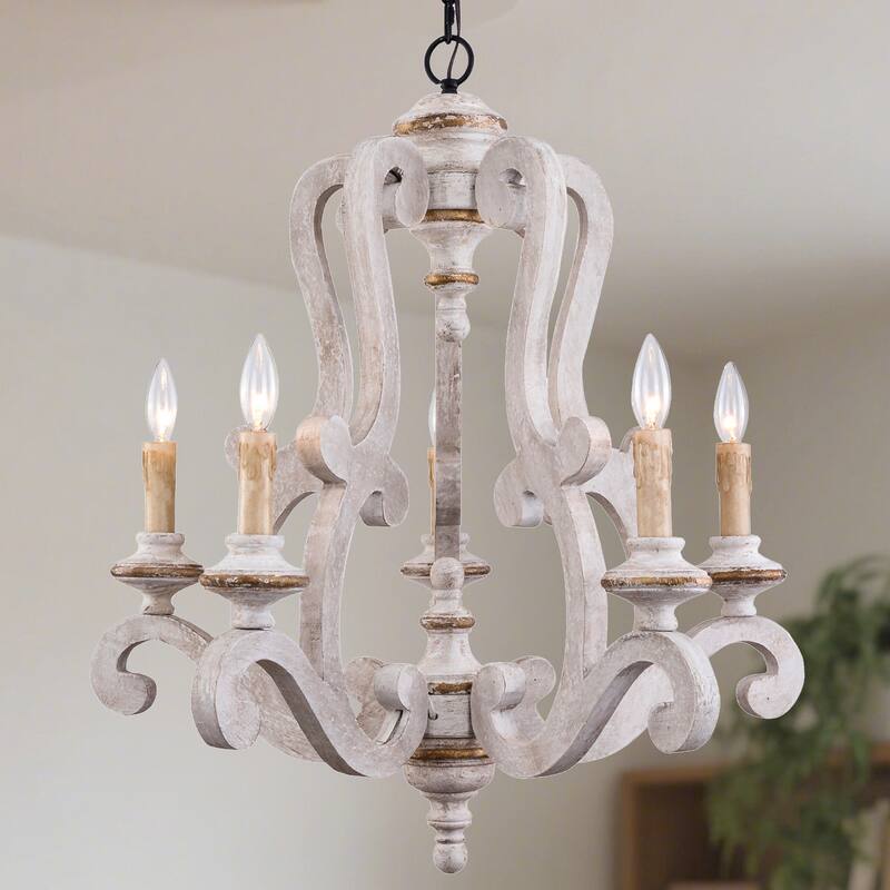 Bella Depot 5-Light Vintage Distressed Wood Pendant Light, Retro French Country Chandelier - White