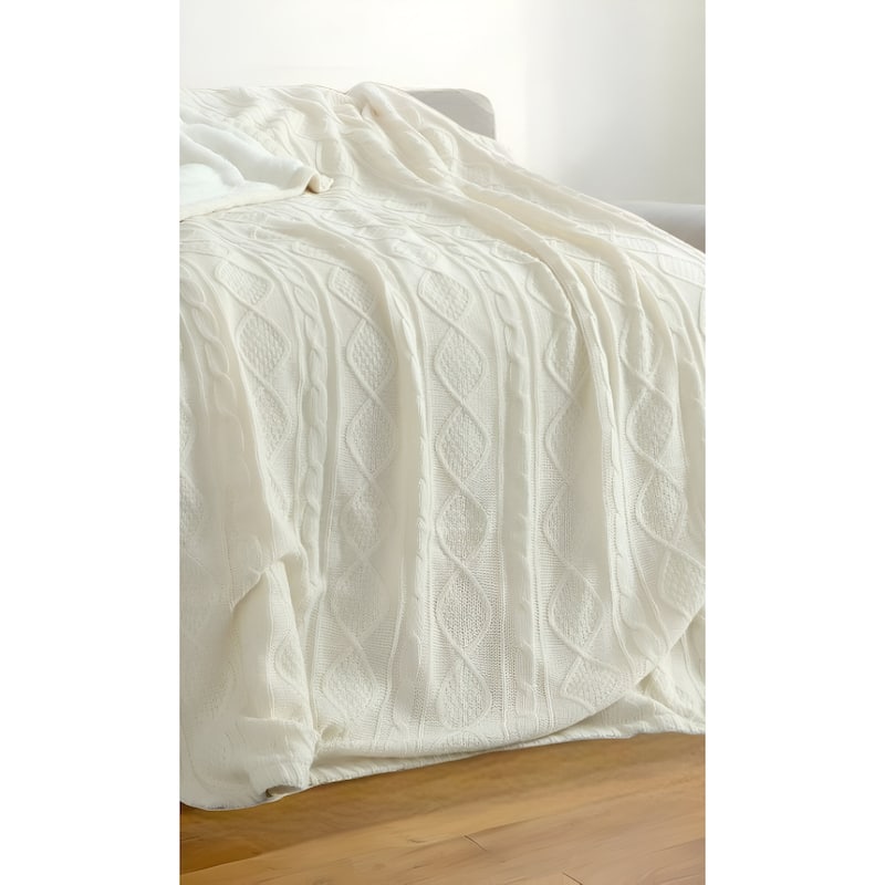 60" X 50" Cream Knitted Acrylic Throw Blanket - Throw