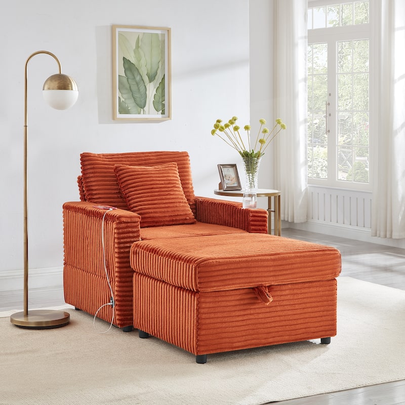Fluffy Corduroy Lazy Sofa Chaise Lounge with Accent Chair, Storage Ottoman, Folding Table Board, Cup Holder and USB