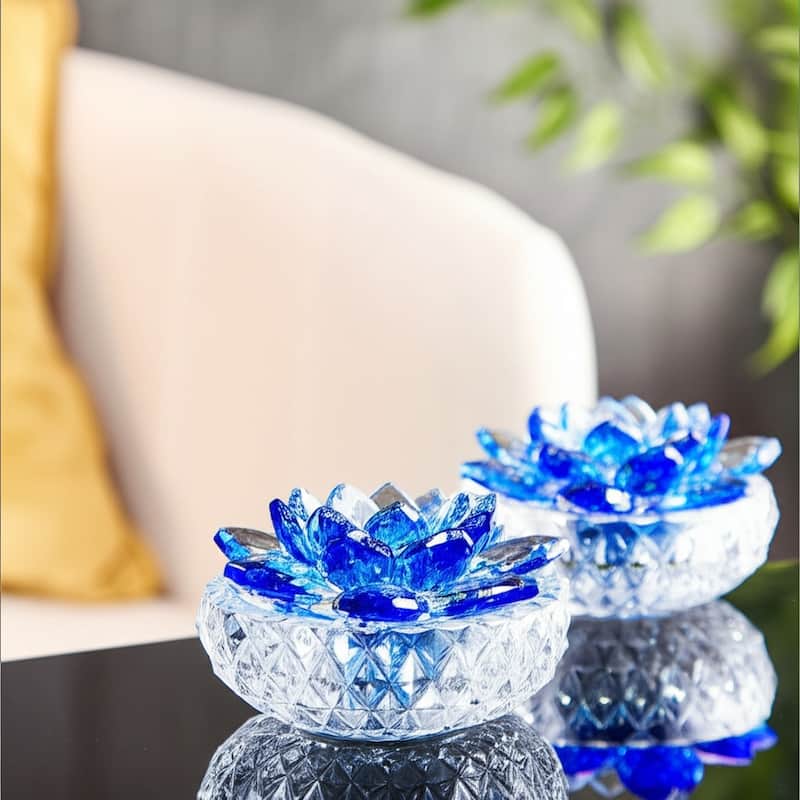 Decorative Rainbow Lotus Top Glass Trinket Dish for Jewelry and Keepsake Storage - Blue - 4" x 4" x 3.5"