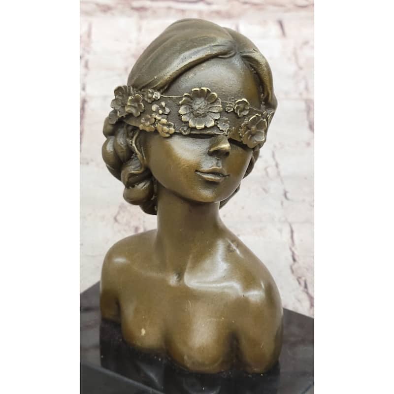 Woman Blindfolded With Flowers - Original Bronze Metal Modern Art Bust Sculpture