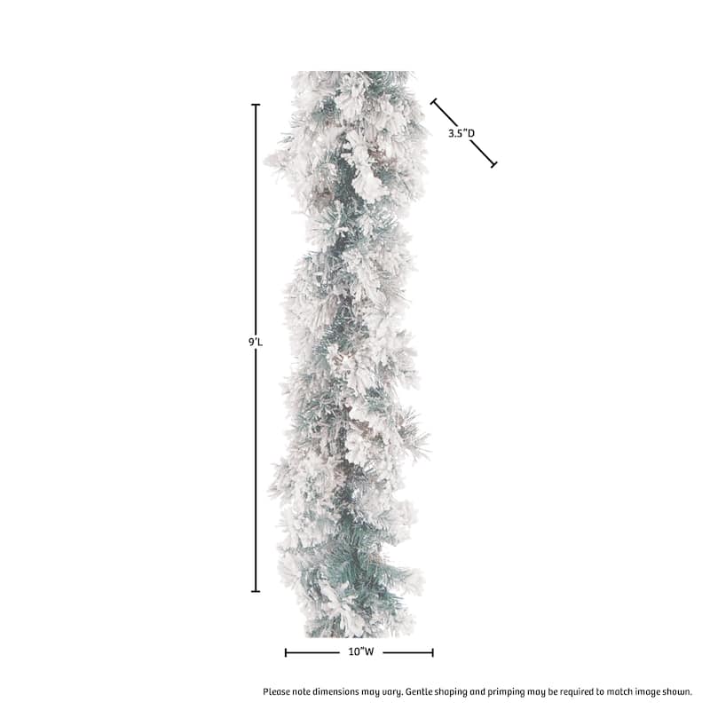 9' X 10" Furry Pine Garland - Green White - 9'L x 10"W