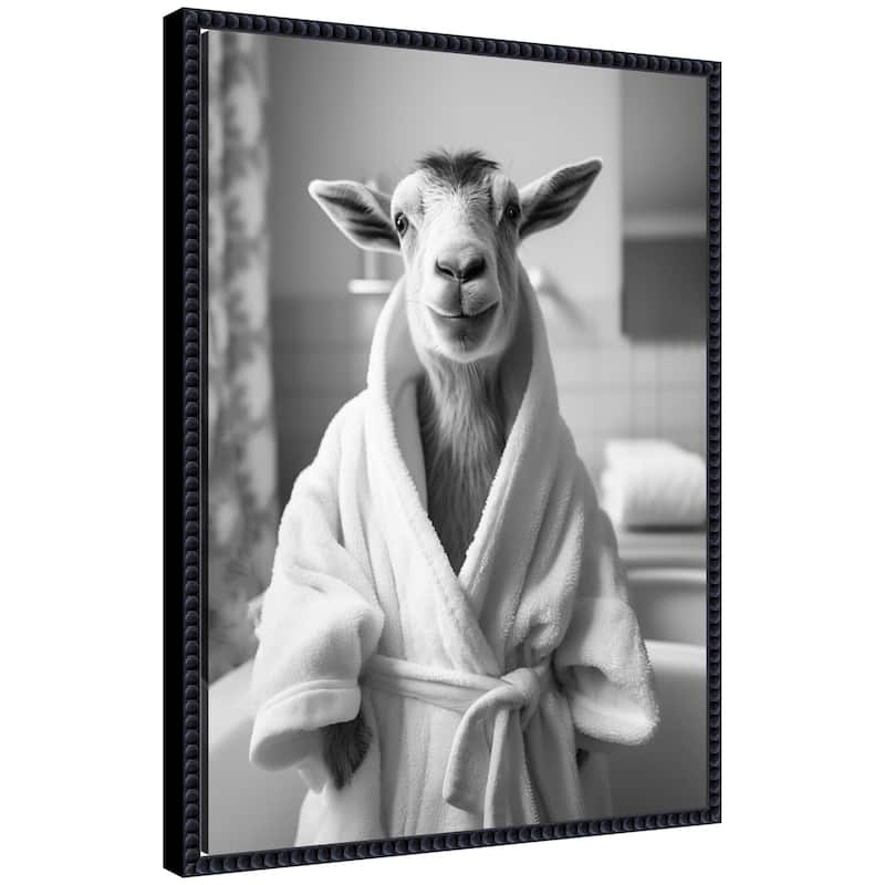 Kate and Laurel Sylvie Goat Bathroom Art Towel Robe Black and White Framed Canvas by The Creative Bunch Studio - 18x24 - Black