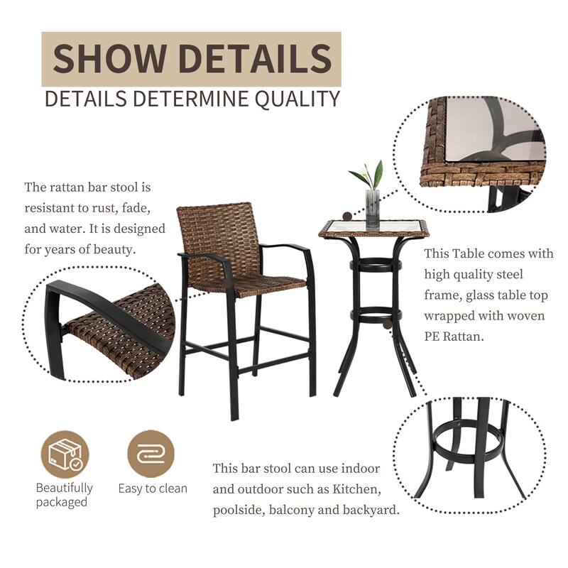 3-Piece Outdoor Rattan Bistro Set with Glass Top Table, Wicker Stools
