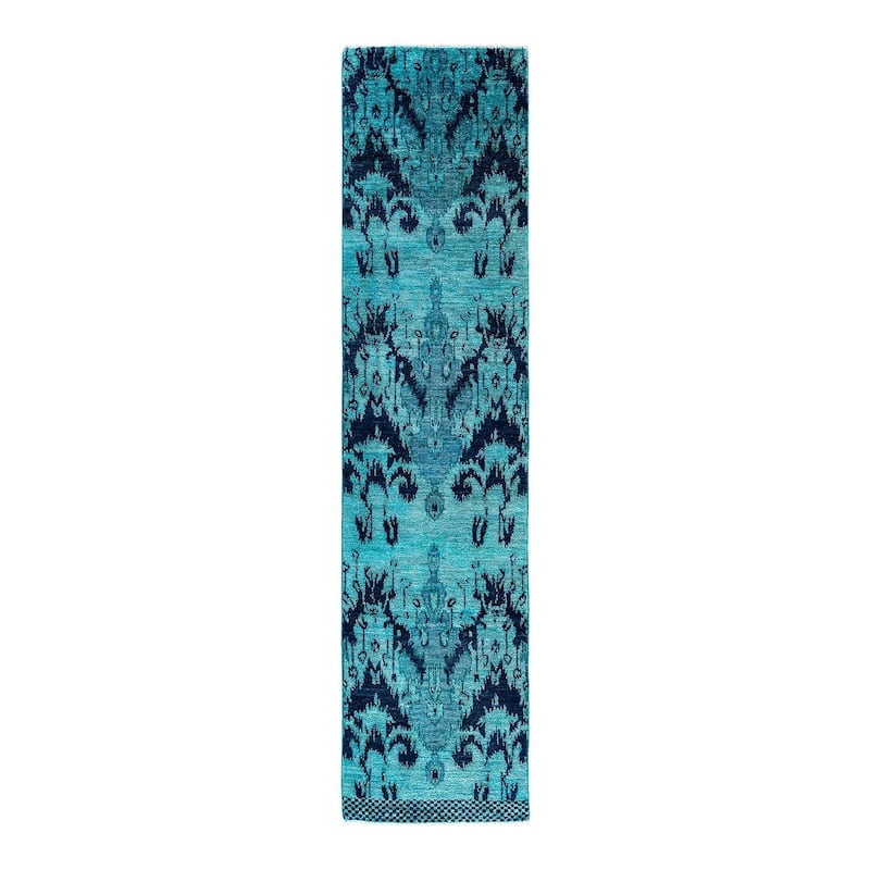 Modern One-of-a-Kind Hand-Knotted Runner Rug - Blue, 2' 6" x 10' 5" - 2' 6" x 10' 5"