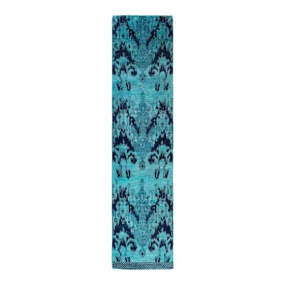 Modern One-of-a-Kind Hand-Knotted Runner Rug - Blue, 2' 6" x 10' 5" - 2' 6" x 10' 5"