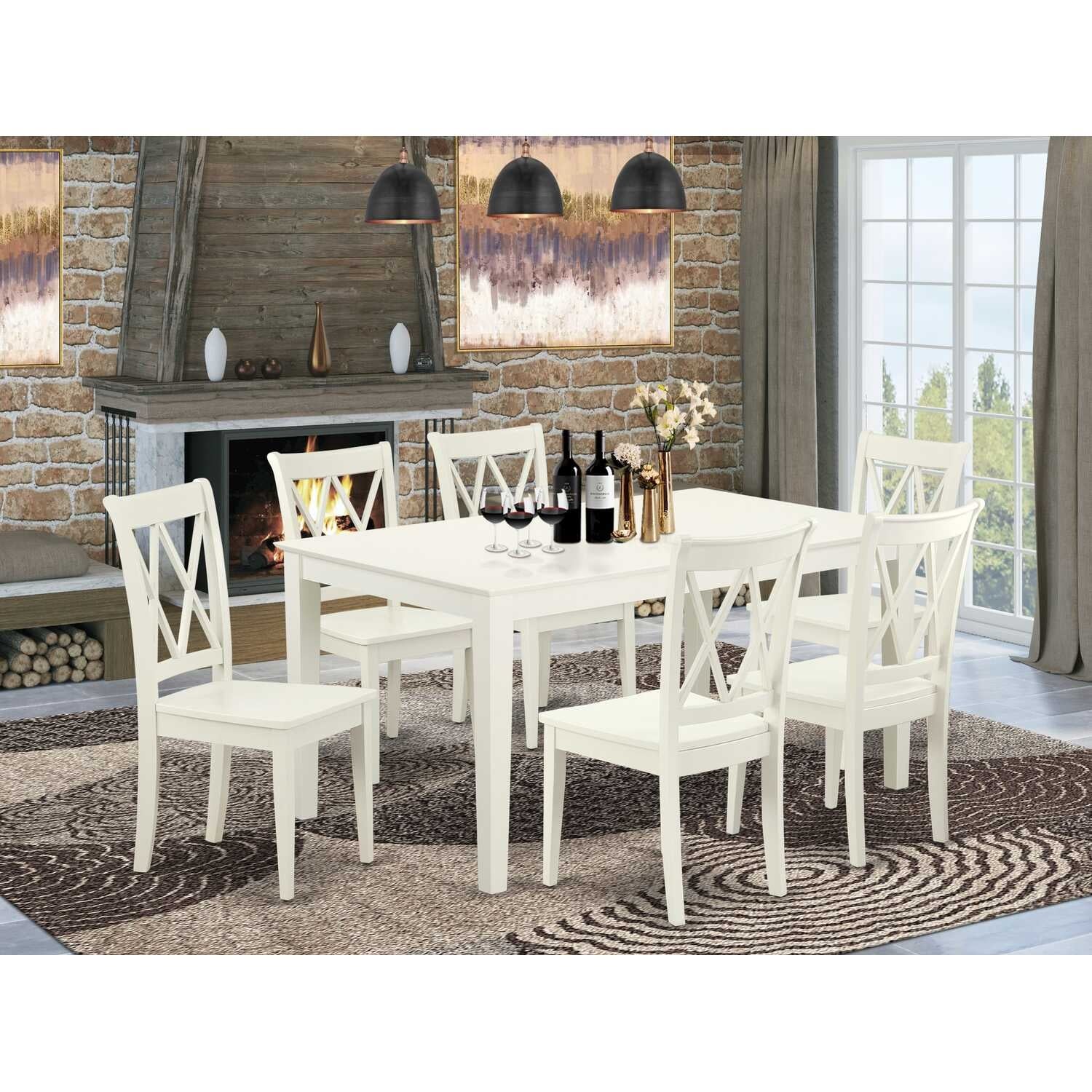 Mid-Century Dining Set - 7Pc Rectangular Table & 6 Chairs - White Finish
