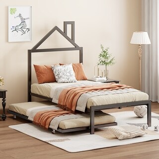 Black Twin Size Metal Platform Bed with Trundle and House-Shaped Headboard