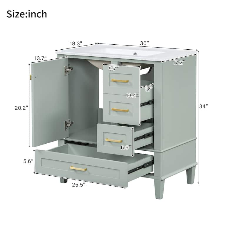 Modern 30" Bathroom Vanity with Ceramic Sink Combo, Soft Closing Doors Bathroom Storage Cabinet with 3 Drawers - 30 Inch