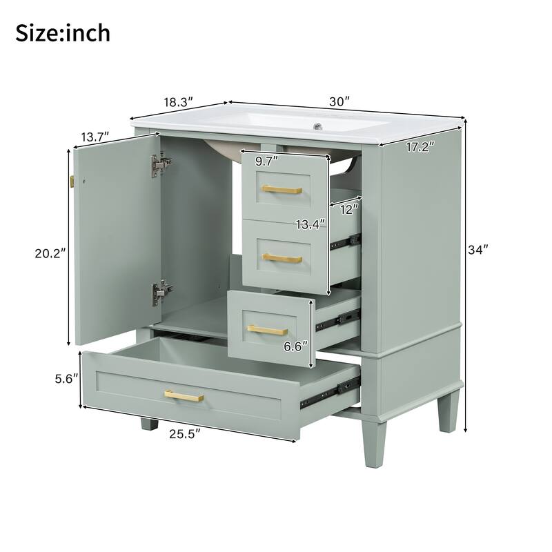 Single Sink Bathroom Vanity Cabinet, Vanity Base & Ceramic Sink Combo Set, 3 Drawers Bathroom Storage Cabinet, 30 Inch