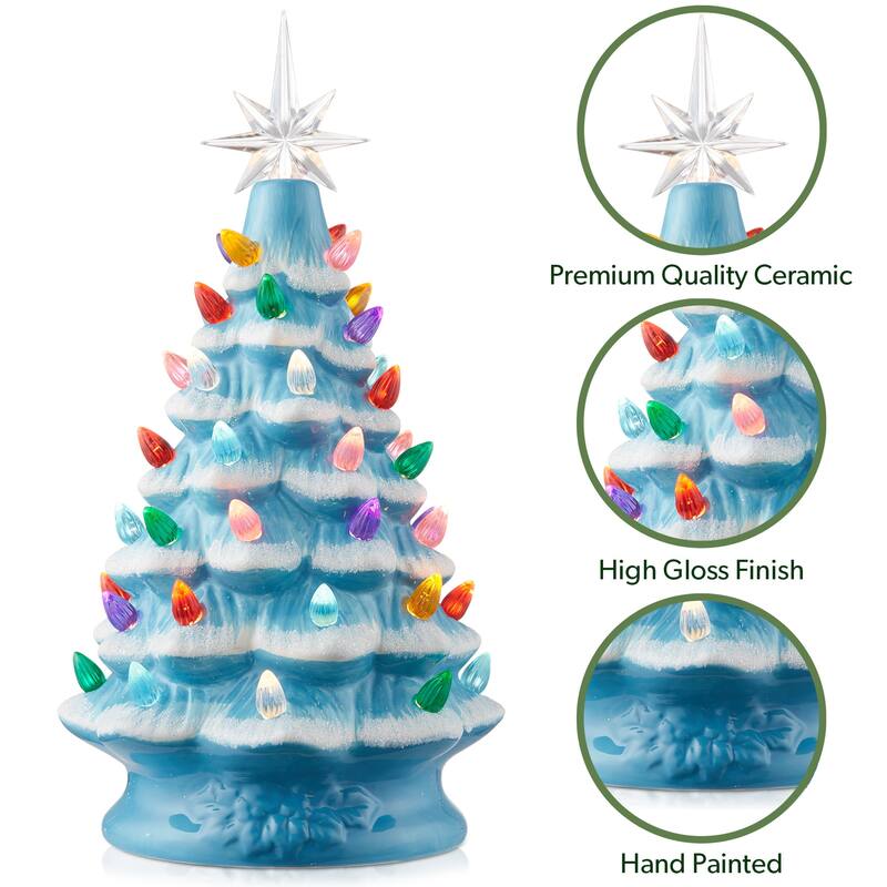 12in Hand Painted Ceramic Christmas Tree PreLit Tree with Star