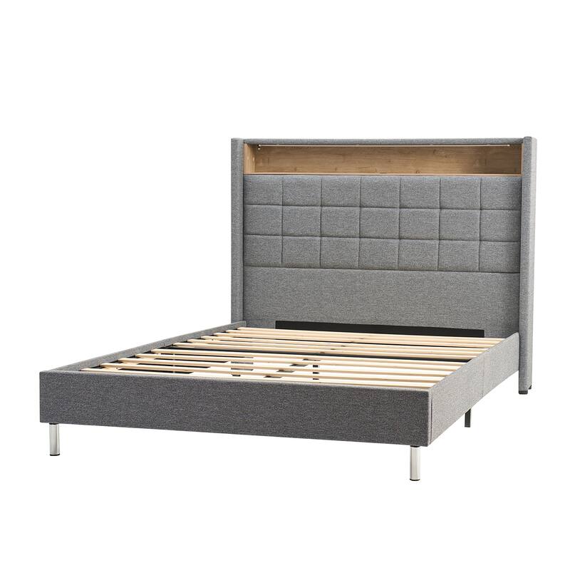 Celia Modern 61.5" Geometric Pattern Bed with Storage Headboard and Warm Night Light by HULALA HOME