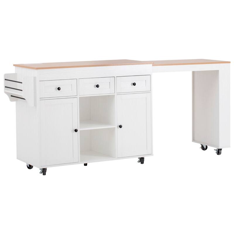Extendable Dining Table Rolling Kitchen Island with 3 Side Open Shelves, Power Outlet, 3 Drawers and 2 Doors