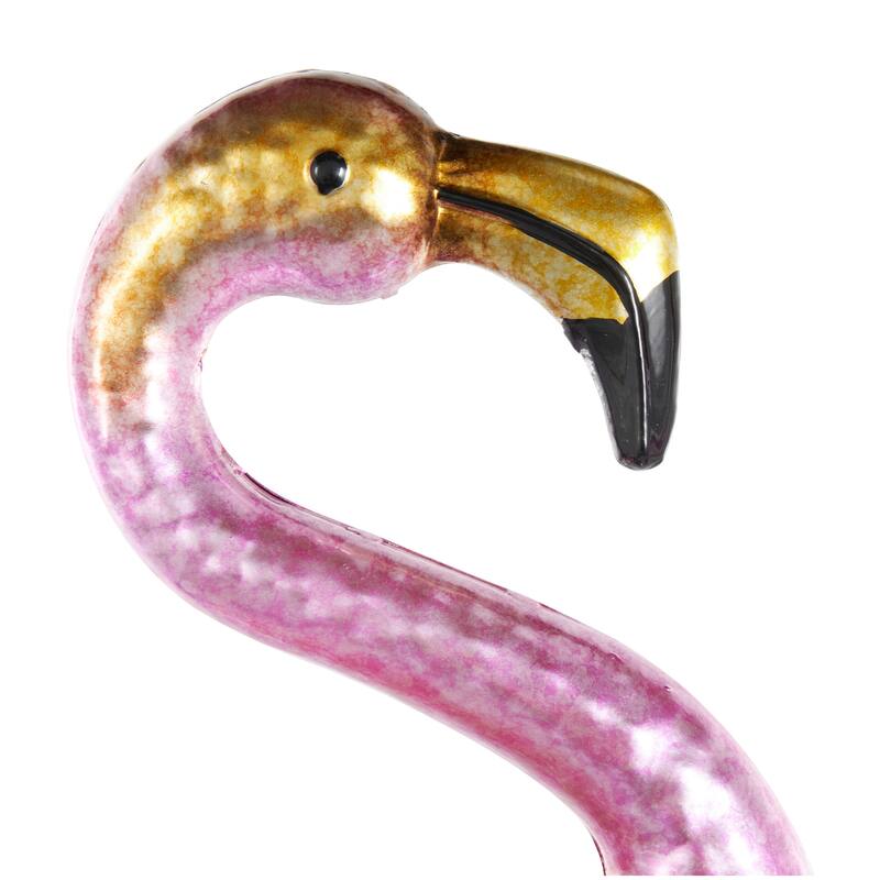Pink Metal Flamingo Decorative Garden Sculpture with Dimensional Feathers and Gold Accents (Set of 2)