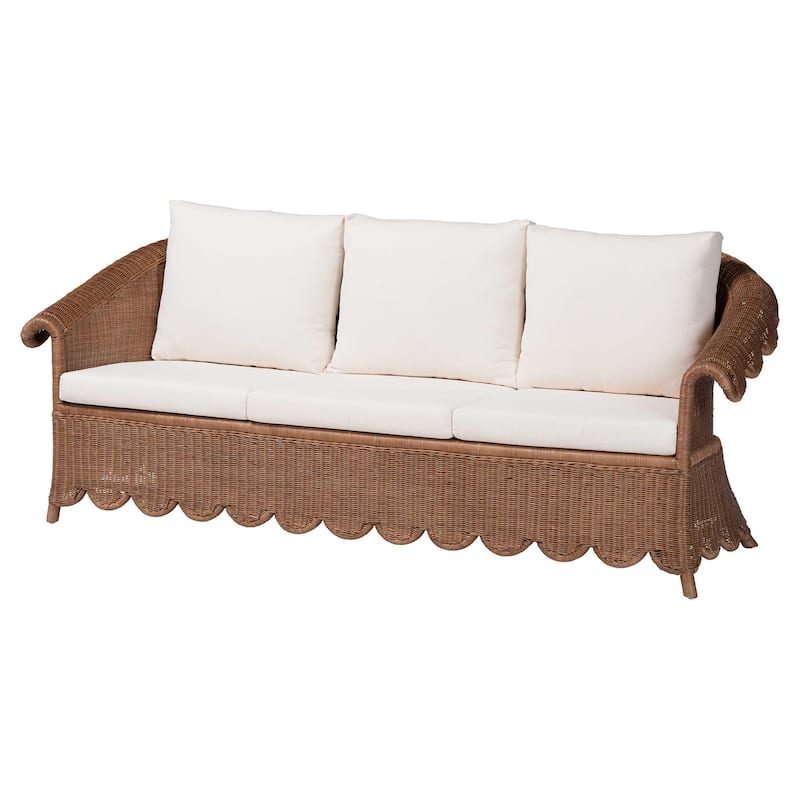 Detta Natural Rattan 3-Piece Living Room Set - Handwoven Wicker Lounge Seating with Scalloped Skirt Base and Rolled Arms