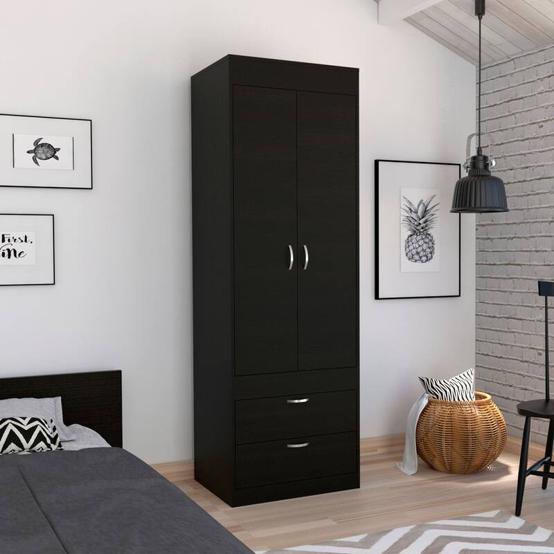 Versatile Wardrobe Armoire Closet Storage Cabinet with Double Doors, Two Drawers, and Hanging Rod - Elegant and Space-Saving - Black