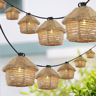 Oahu 10-Light Indoor/Outdoor 10 ft. Mid-Century Incandescent G40 Tiki Hut Hemp Rope Shaded String Lights, Brown , by JONATHAN Y