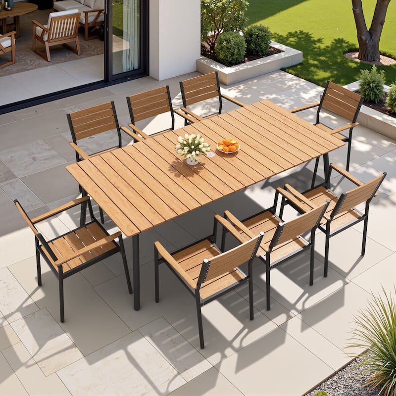 Outdoor 9-piece Patio Dining Set Aluminum Dining Table with Umbrella Hole and Chairs - Brown