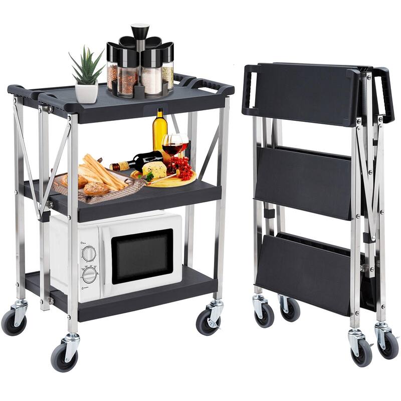 Foldable Utility Black 3-Tier Service Cart with Wheels Lockable - N/A - Black