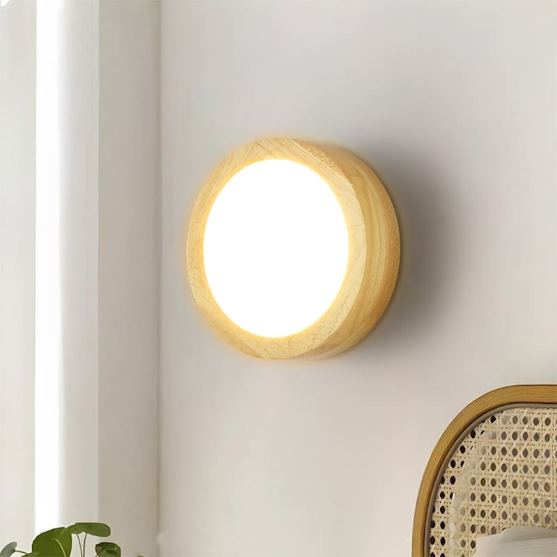 1-Light 7.87 in. Modern Farmhouse Small LED Round Wall Sconce in Natural Rubberwood Finish - 7.87 in. W x 3.35 in. H - 7.87 in. W x 3.35 in. H - Rubberwood Finish