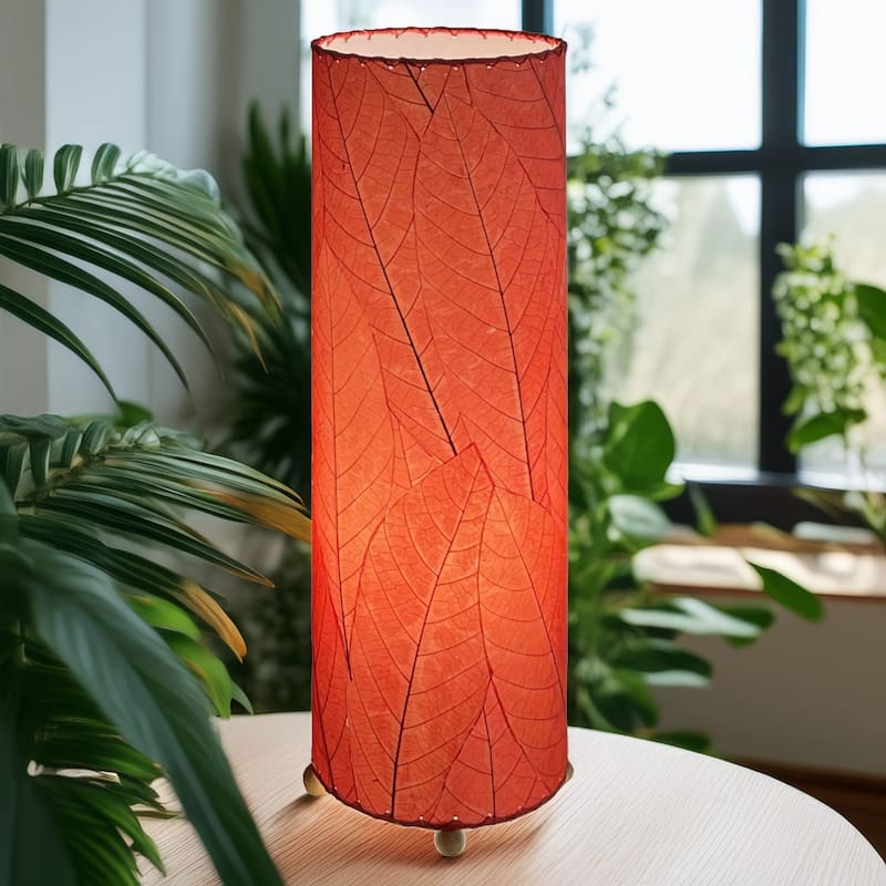 Handmade 24 Inch Cocoa Leaf Cylinder Table Lamp, Cocoa Leaves Shade, 8 x 8 x 24 in. - 8 x 8 x 24 - Red