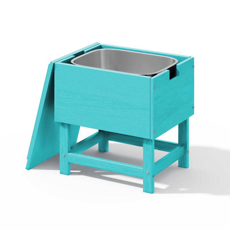 Outdoor Patio Weather Resistant HDPE Coffee & Side Table, Build-in Stainless Steel Cooler Bucket - Tiffany Blue